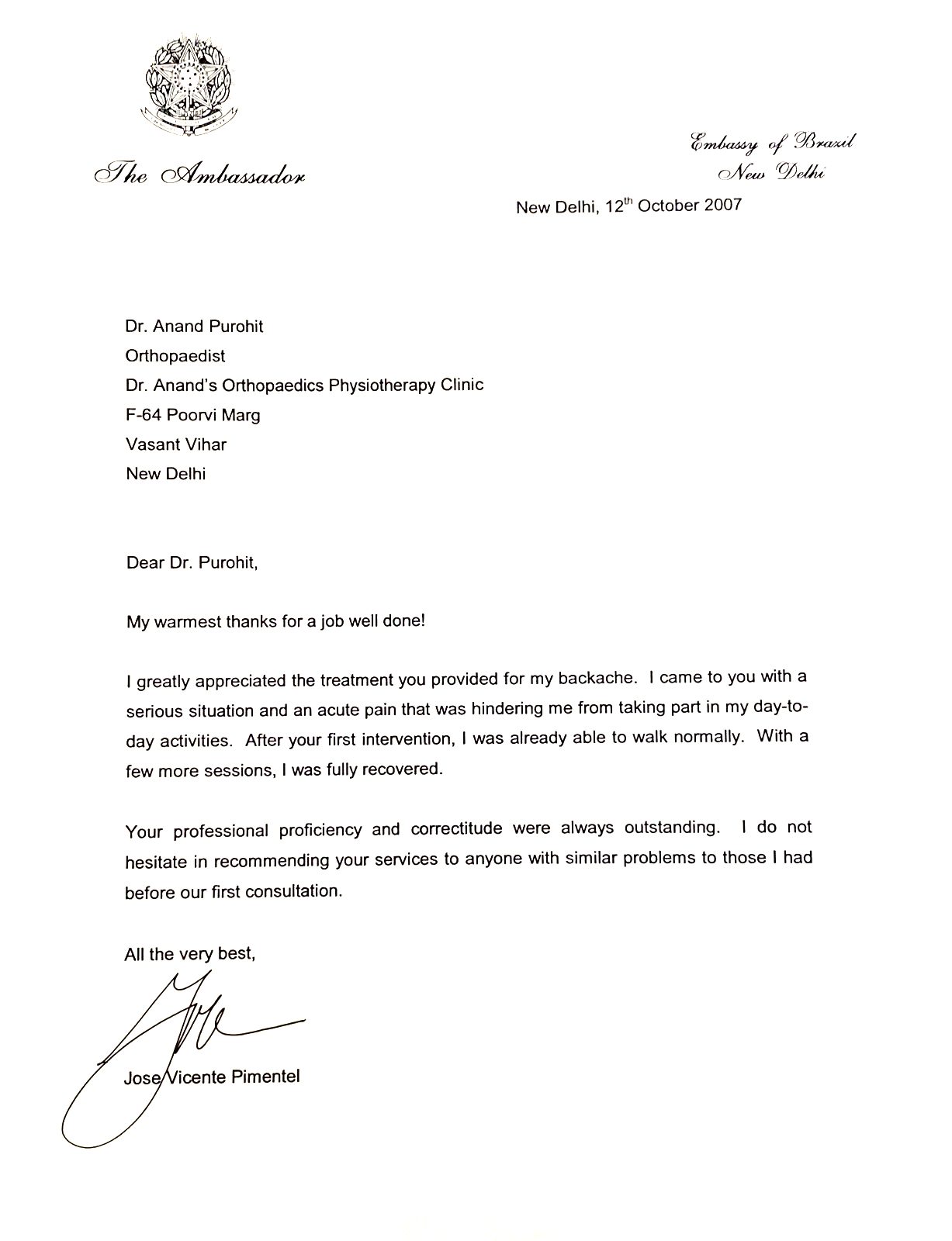 Letter of appreciation from the Ambassador of Brazil